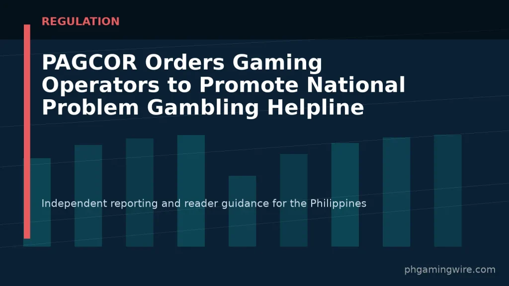 PAGCOR Orders Gaming Operators to Promote National Problem Gambling Helpline — PH Gaming Wire editorial graphic