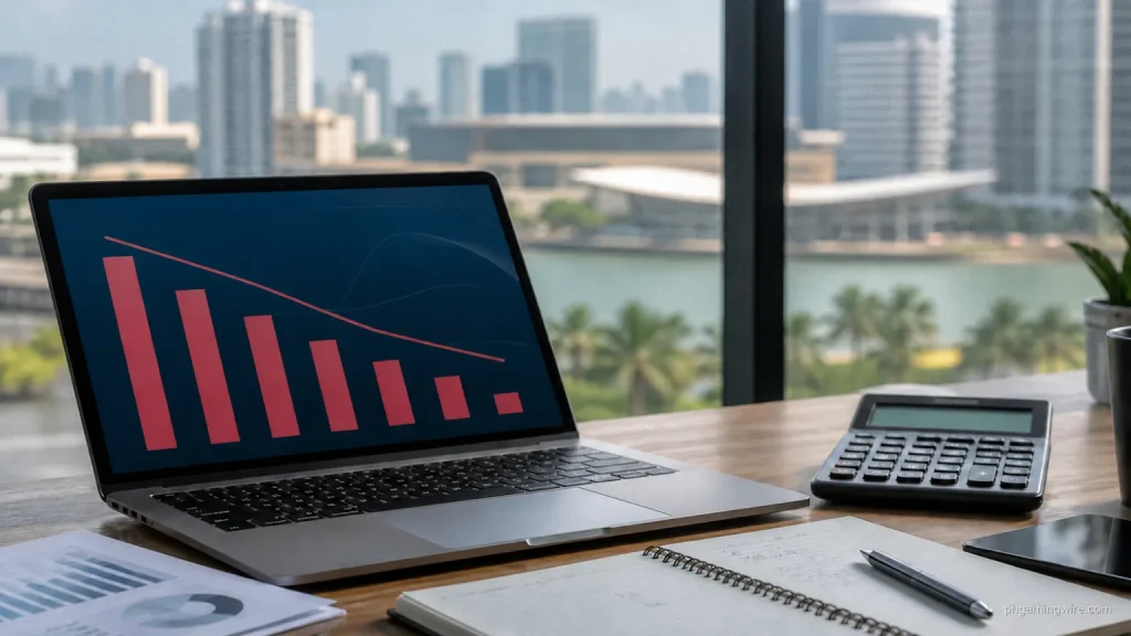 Analyst desk with an abstract downward revenue chart and Manila skyline